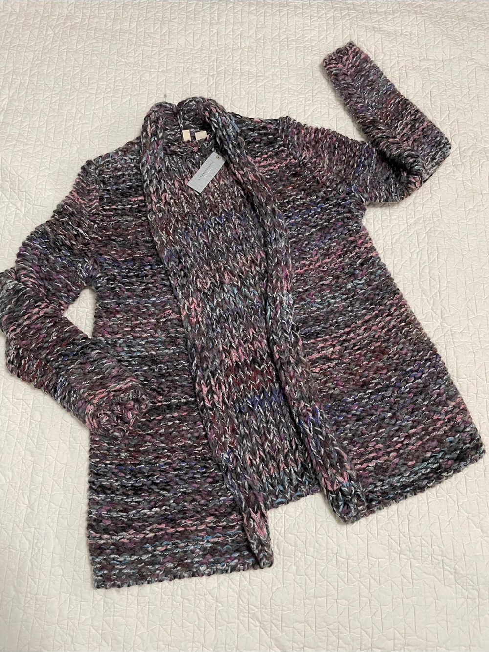 Anthropologie Multi-Color Chunky Open-Front Knit Cardigan - Pink, Gray, Blue